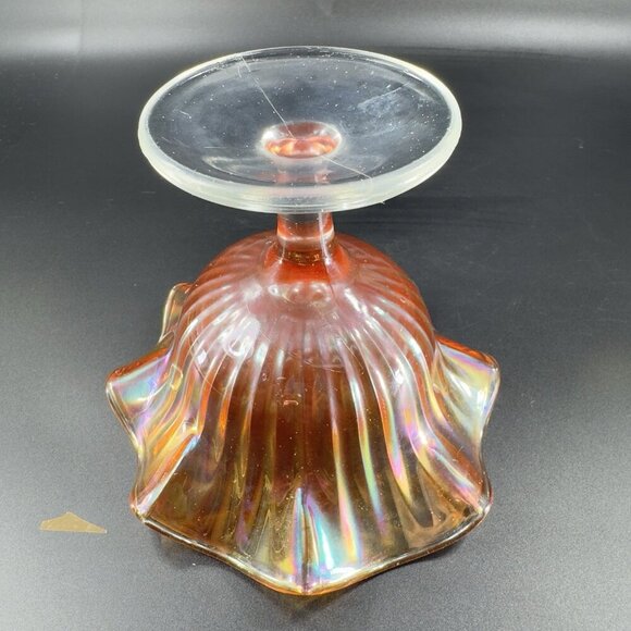 VTG Marigold Carnival Glass Iridescent Ruffled Pedestal Compote Footed Dish Bowl - Picture 9 of 14